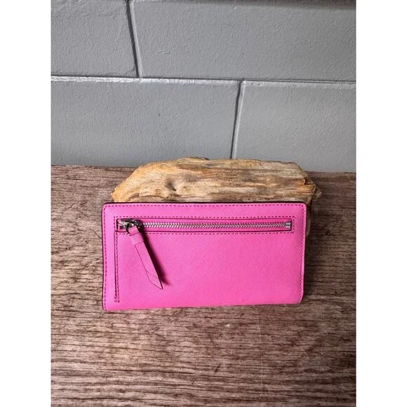 Kate Spade New York Hot Pink Saffiano Leather Wallet Bifold Zip Coin Pocket - Picture 2 of 6